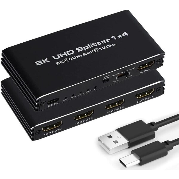 ESTONE HDMI Splitter 1 in 4 Out - 1x4 HDMI Display Duplicate/Mirror - Powered Splitter 4K 120Hz, 8K @ 60Hz (One Input To Four Outputs) - 1 Source to 4 Identical Displays