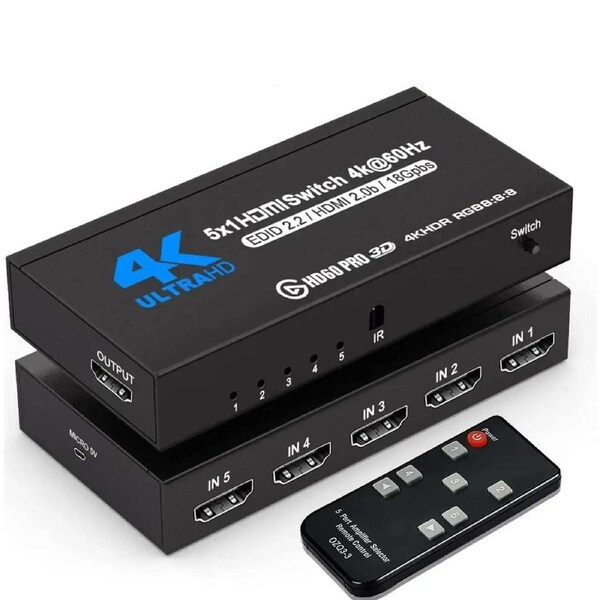 HDMI Switch 5 Ports (5 x 1) 4K 60Hz HDMI 2.0 Switcher with IR Remote Control Support HDR & HDCP 2.2 & 3D &Full HD 1080P, Compatible for PS3/PS4, Xbox 360/One, HDTV, Blu-Ray Player, OZQ3-4