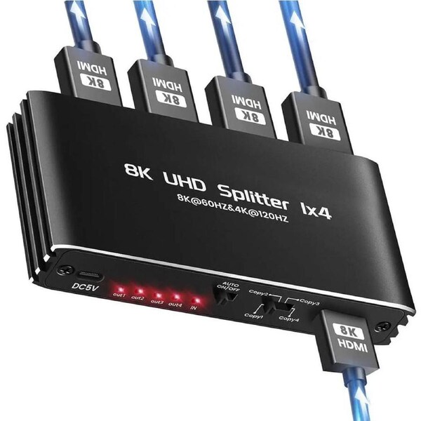 ESTONE 4K 120Hz 1 in 4 Out HDMI Splitter - Ultra HD 8K @ 60 Hz 1x4 V. 2.1 HDCP 2.3, Power HDMI Supports 8K 3D Full HD 1080P for Xbox, PS4 PS4 Blu Ray TV HDTV - Adapter Included