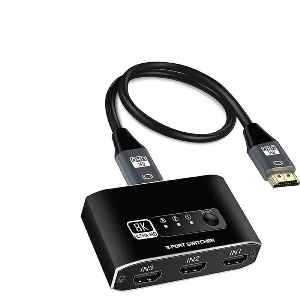 HDMI Switch 3 in 1 Out 8K HDMI Switcher Splitter, 8K 60Hz HDMI Switch with 3.9FT HDMI Cable, HDMI 3 Port Box Hub Supports HDR10 3D HDCP2.3, Compatible with PS5 PS4 Xbox Fire Stick Roku Apple TV PC