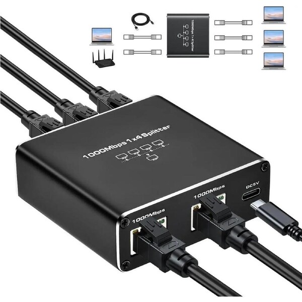 Gigabit Ethernet Splitter 1 in 4 Out, 1000Mbps 1x4 Splitter - LAN/Internet Cable Splitter - Cat5/5e/6/7/8 Splitter 1 to 4, RJ45 Network Extension Connector - Plug&Play - Cost-Effective