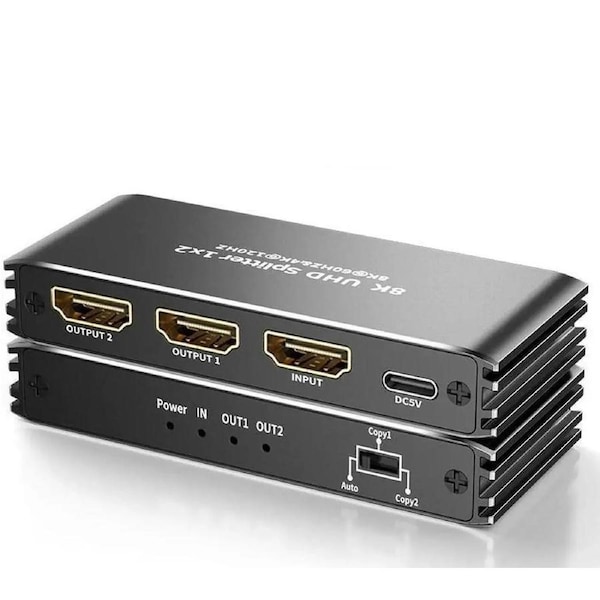 8K HDMI Splitter 1 in 2 Out,ESTONE 8K HDMI Splitter V2.1b Powered Audio Video Distributor Duplicate/Mirror Screen, 1x2 HDMI Splitter for TV Support 8K 60Hz 3D for Xbox, PS5, Blu-Ray Player, HDTV