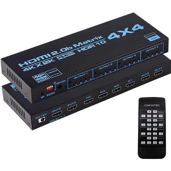 4x4 HDMI Matrix Switch 4K - 4K 60Hz YUV4:4:4, 18Gbps, HDR10, Control via Remote, EDID Extractor Audio Extractor, 4 in 4 Out Video Matrix Switch (OZJ4)
