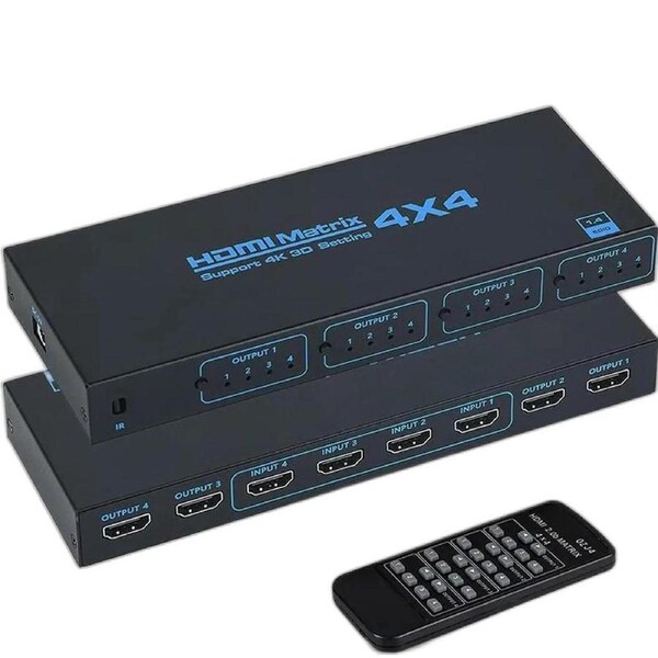 4x4 HDMI Matrix, 4K@30Hz 4 in 4 Out HDMI Switch Splitter with IR Remote, HDMI Matrix Switch with IR Remote Control, Support 4K@30Hz 3D 10.2Gbps, HDMI 1.4, 1080P@60Hz, 3D, YUV 4:2:0
