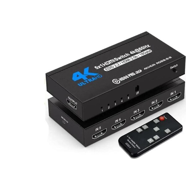 4k HDR 5x1 HDMI Switch with IR Remote Control, 5 Ports HDMI 2.0 Switcher Selector , Supports HDCP 2.2 4K@60Hz UltraHD HDR10 3D HD1080P Dolby DST, HDMI Splitter for PS4 Xbox Apple TV Fire Stick, OZQ3-4