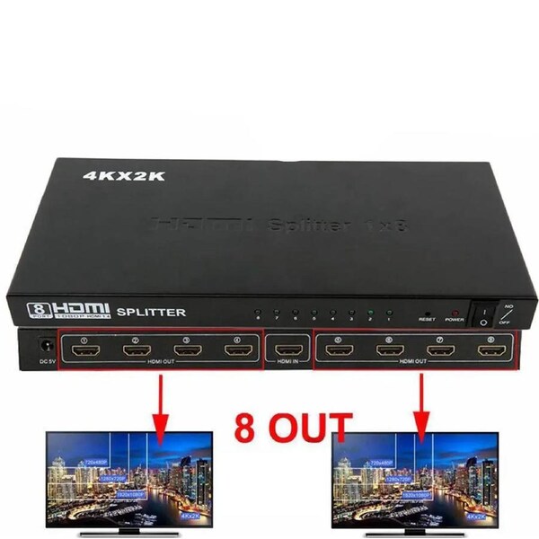 HDMI Splitter 8 Port, ESTONE 1 in 8 Out HDMI Splitter Audio Video Distributor Box Support Full HD 3D & 4K x 2K Compatible for Projector, HDTV, STB, DVD, PS3 Etc, Power Supply Adapter Include