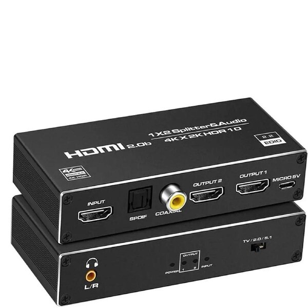 4K@60Hz HDMI Splitter 1 in 2 Out - 1x2 HDMI Display Duplicate/Mirror - 4K @ 30Hz (One Input To Two Outputs) - with audio extractor(3.5mm, Coaxial & Optical SPDIF audio out) - 1 Source to 2 Displays