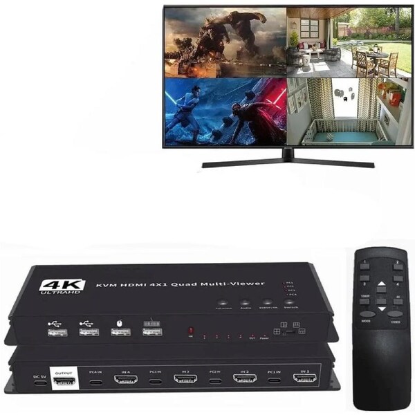 HDMI KVM Multi-Viewer 4x1 Seamless HDMI Switch - 4 Ports, IR Remote, Supports up to 4K@30Hz, Security Camera, HDMI Switch 4 in 1 Out for the major projects, meeting halls and other places.