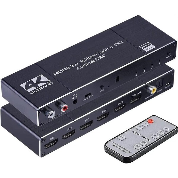 4K 60Hz HDMI 2.0 Switch 4 in 2 Out with Audio Extractor (HDMI, 3.5mm AUX,Toslink, Coaxial Audio Out) and ARC, Support Remote/Auto Switching/HDCP2.2/1080P/3D, HDMI Splitter for TV 4K Home Theater