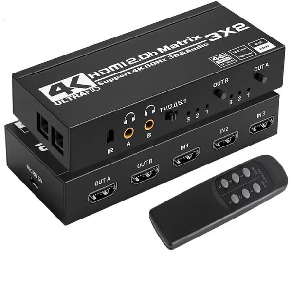 4K HDMI Matrix Switch 3 X 2, Switcher with Audio Extractor UltraHD Supports Up to 4K @ 60Hz IR EDID HDCP 2.2 HDR10,2xSPDIF Audio, 2x3.5mm L/R Audio - Remote Control (OZJ5)
