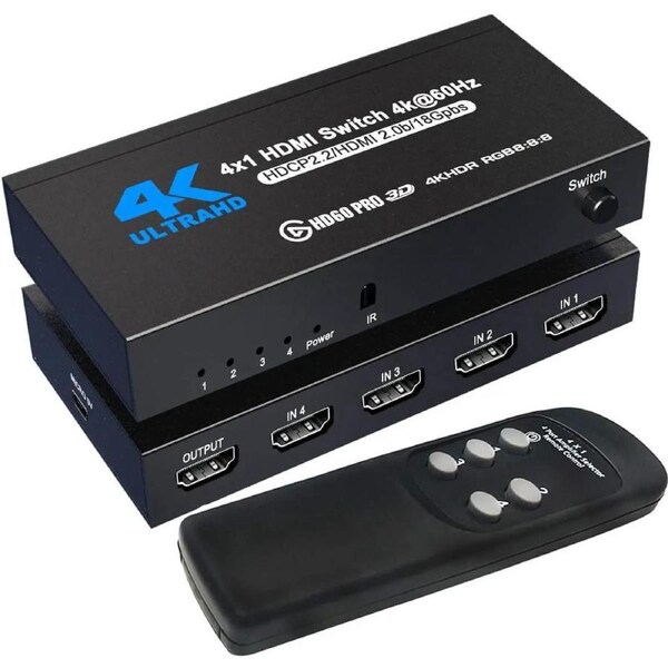 HDMI Switch 4 Ports (4 x 1) 4K 60Hz HDMI 2.0 Switcher with IR Remote Control Support HDR & HDCP 2.2 & 3D &Full HD 1080P, Compatible for PS3/PS4, Xbox 360/One, HDTV, Blu-Ray Player