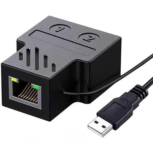 RJ45 Network Splitter Adapter with USB Power Cable, RJ45 1 to 2 Port Dual Female Socket Ethernet Connector 8P8C Extender Plug LAN Network Cable for Cat5, Cat5e, Cat6, Cat7