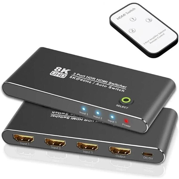 ESTONE HDMI 2.1 Ultra 8K HD 3in 1out Switcher ,8K@60Hz 4K@120Hz High Speed 48Gbps Switcher Converter with Remote Control Compatible with Xbox X PS5