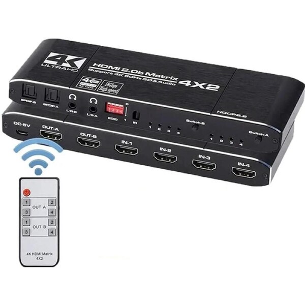 ESTONE 4K@60Hz Matrix 4x2 18.5 Gbps HDMI-compatible Switch Splitter with SPDIF and L/R 3.5mm HDR 4x2 Support HDCP 2.2 3D