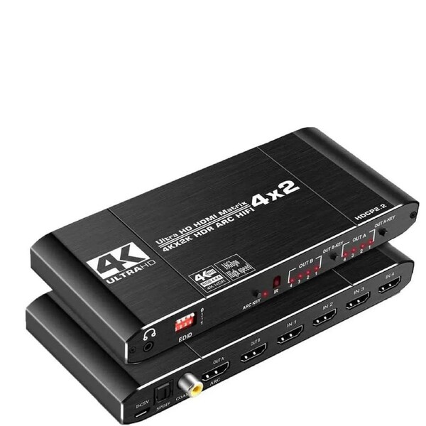 ESTONE 4x2 Matrix Switch Splitter with SPDIF and L/R 3.5mm HDR HDMI-compatible Switch 4x2 Support HDCP 2.2 ARC 3D 4K@60Hz for TV HDTV PS4 PS5
