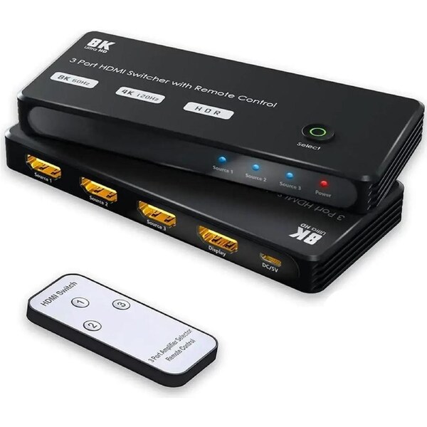 ESTONE HDMI 2.1 Ultra HD 8K High Speed 48Gbps Directional Switch 3in 1out 8K@60Hz 4K@120Hz Converter with IR Remote Compatible with Xbox PS5 Projectors Monitors