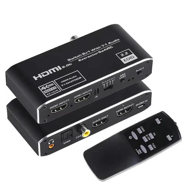 2x1 HDMI Switch Audio Extractor,ESTONE 4k@60hz Aluminum HDMI Switcher 2 in 1 Out, with 3.5mm Audio Jack + Coaxial + Optical Toslink SPDIF Supports 3D, HDR, HDCP2.3 Compatible with Xbox PS5/4/3
