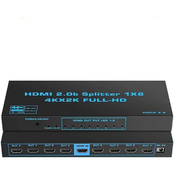 ESTONE 4K 1x8 HDMI Splitter 1 in 8 Out, 8 Port Powered HDMI Splitter Multi Monitor Outputs 3D 4Kx2K@60Hz for Projector, HDTV
