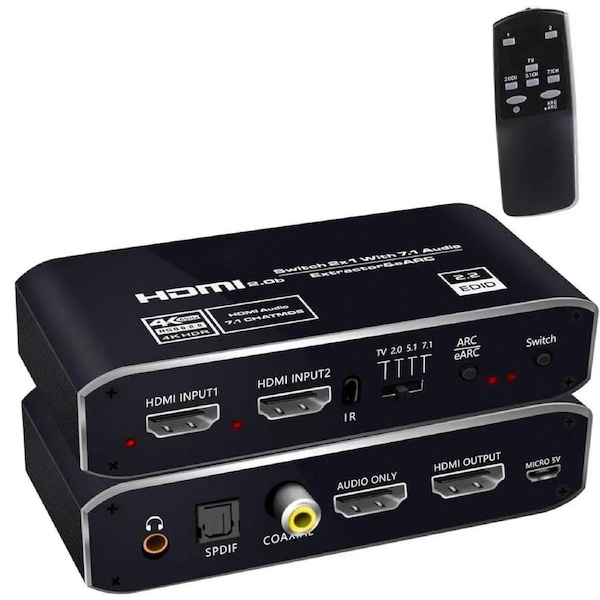 4K@60Hz HDMI 2.0b Switch with Audio Extractor, HDMI to HDMI + HDMI 7.1CH + Optical Toslink SPDIF + 3.5mm Audio, HDMI Audio Embedder Converter Adapter for PS5, Xbox, Fire Stick(Remote Control)
