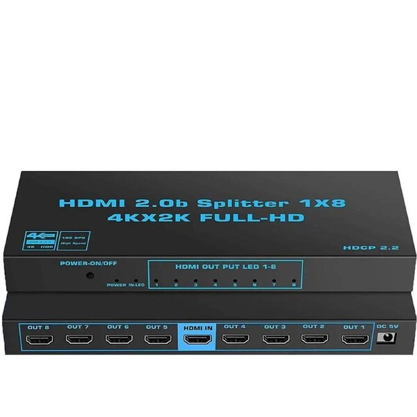 ESTONE 1x8 HDMI Splitter 8 Port 1 in 8 Out HDMI Switch 1 Port to 8 HDMI Display Duplicate/Mirror Powered Splitter Ver HDMI2.0 Certified for Full HD 4Kx2K@60Hz 1080P High Resolution 3D Support