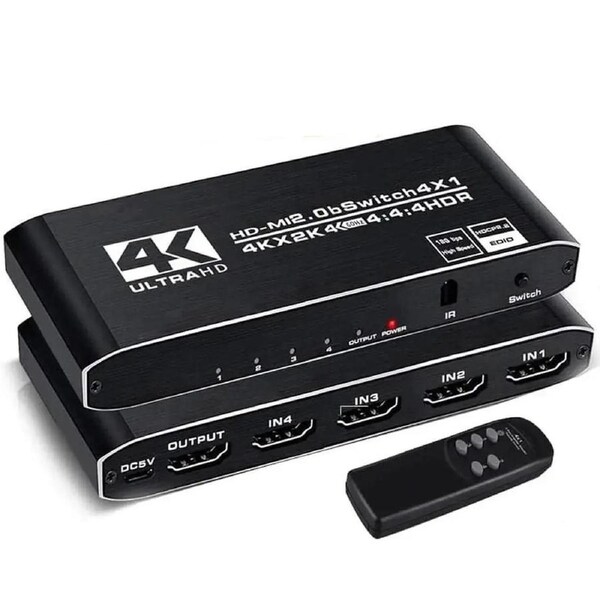 HDMI Switch 4 Ports (4 x 1) 4K 60Hz HDMI 2.0 Switcher with IR Remote Control Support HDR & HDCP 2.2 & 3D &Full HD 1080P, Compatible for PS4/Xbox One/Fire TV/Apple TV/Sky Box/STB/DVD/Roku