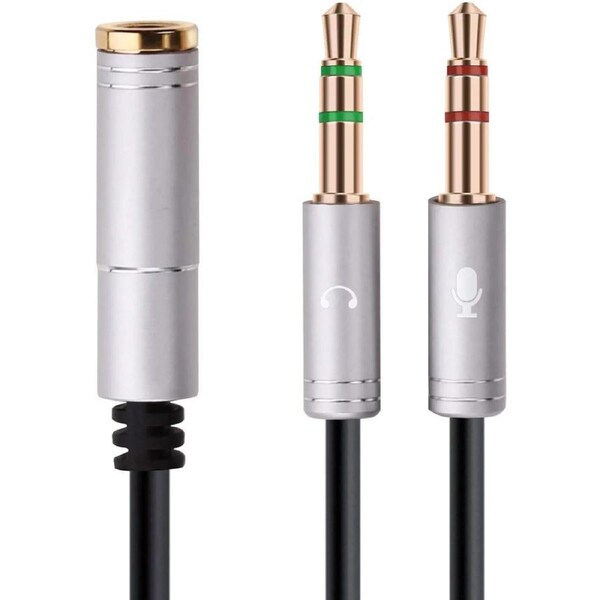 ESTONE (2 Pack) 3.5mm 4 Pin Female to 2x3.5mm 3 Pin Male Headphone Converter Head Audio Splitter Y Adapter Cable, 0.3M 1FT (Gray)