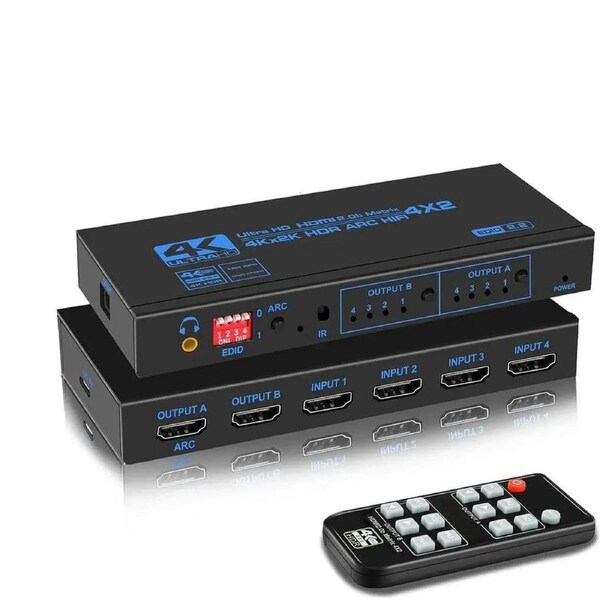HDMI Matrix Switch Splitter 4X2, ESTONE HDMI Switcher with EDID Extractor and Remote Control, Support 4K HDR, HDMI 2.0b, HDCP 2.2 4K@60Hz, 3D, 1080P ARC SPDIF 3.5mm (OZJ2-1)