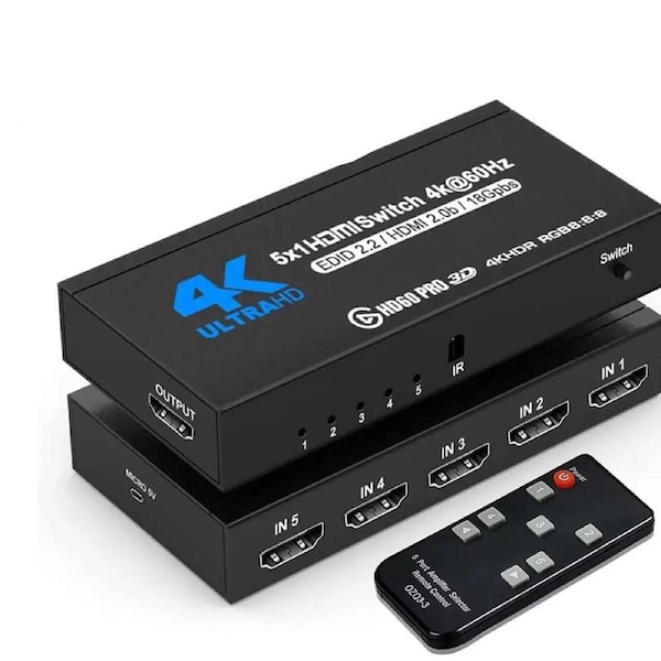 4K HDR 5 in 1 Out HDMI Switch, 5 Ports 4K 60Hz HDMI 2.0 Switcher Selector with IR Wireless Remote, Supports UltraHD Dolby Vision, High Speed(Max to 18.5Gbps), HDR10, HDCP 2.2 & 3D, OZQ3-4