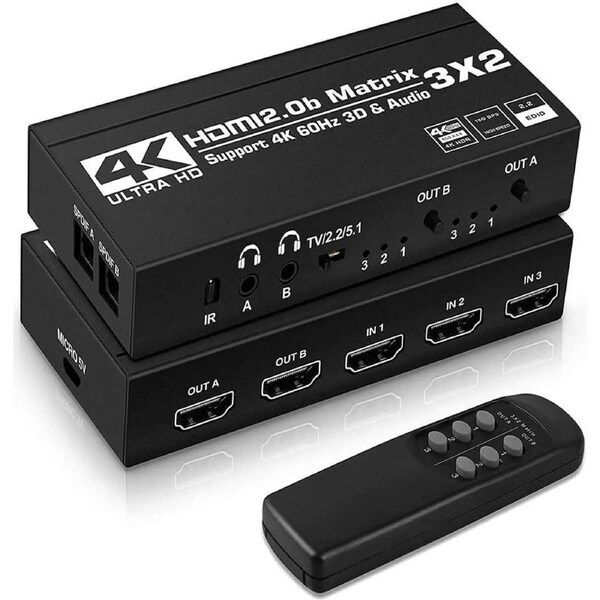 3 in 2 Out HDMI Matrix,ESTONE 4K@60Hz 3x2 HDMI Matrix Switch with IR Remote Control, Support HDMI 2.0b, HDCP2.2, HDR10, Ultra HD, 3D