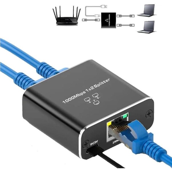 Ethernet Splitter High Speed, 1000Mbps Ethernet Splitter 1 to 2 , Gigabit Internet Splitter with USB Power Cable, LAN Splitter for Cat 5/5e/6/7/8 Cable (2 Devices Simultaneous Networking)