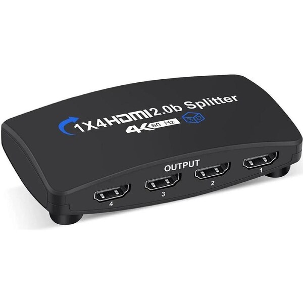 ESTONE 4K 1 in 4 Out HDMI Splitter - Ultra HD 4K @ 60 Hz 1x4 HDCP2.2, Power HDMI Supports 3D, HDCP2.2, HDR, 4K@60Hz, RGB 8:8:8 for Xbox, PS4 PS3 Fire Stick Blu Ray Apple TV HDTV - Adapter Included