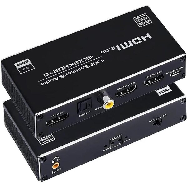 HDMI Splitter 1 in 2 Out, 4K HDMI Splitter for Dual Monitors Duplicate/Mirror Only, 1x2 HDMI Splitter with audio extractor, 3.5mm, Coaxial & Optical SPDIF Audio Out