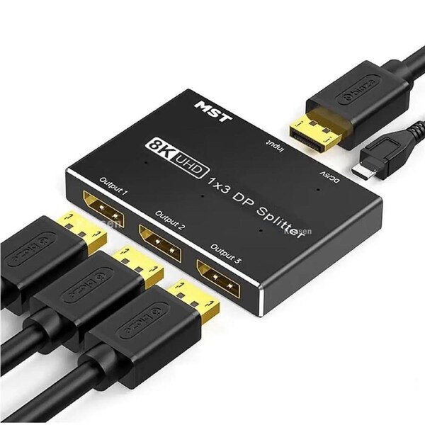 8k DisplayPort Splitter 1 in 3 Out 8K@30Hz 4K@144Hz DP 1.4 Splitter Triple MST SST Hub Adapter 1x3 Port for 1 DisplayPort Ultra HD Source to 3 HD Display Port