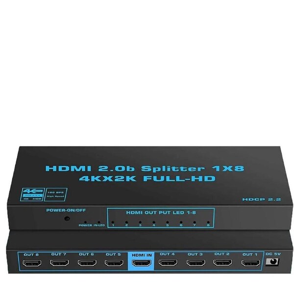 ESTONE 4K@60Hz 1 in 8 Out HDMI Splitter 4:4:4 8-bit - HDMI 2.0, HDCP 2.2, 18 Gbps, 4K @ 60Hz HDMI Duplicator/Distributor UltaHD High Resolution (1x8)