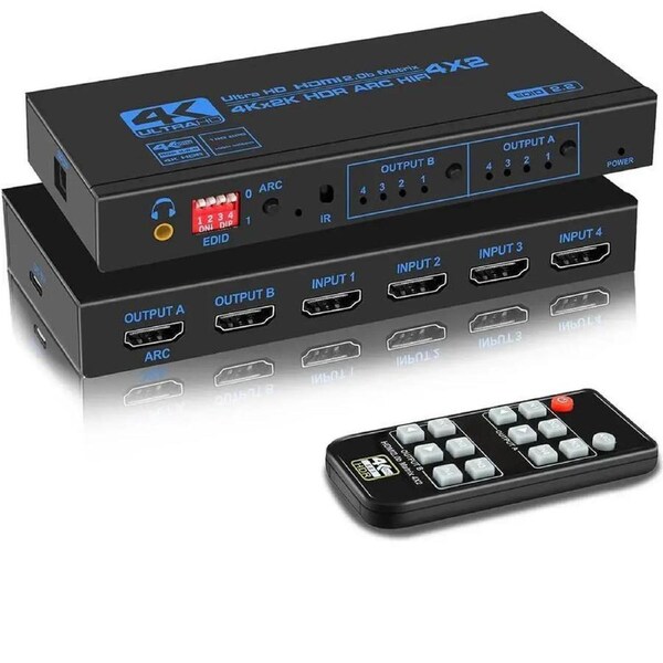ESTONE HDMI Matrix Switch 4x2, 4K HDMI Matrix Switcher Splitter 4 in 2 Out Box with EDID Extractor and IR Remote Control Support 4K HDR, HDMI 2.0b, HDCP 2.2, 4K@60Hz, 3D, 1080P (OZJ2-1)