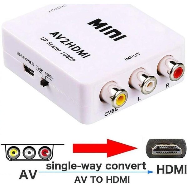 ESTONE RCA to HDMI, 1080P Mini RCA Composite CVBS AV to HDMI Video Audio Converter Adapter with USB Charging Cable for TV/PC/PS3/Blue-Ray DVD STB VHS VCR PS4 PS3 Camera DVD, White