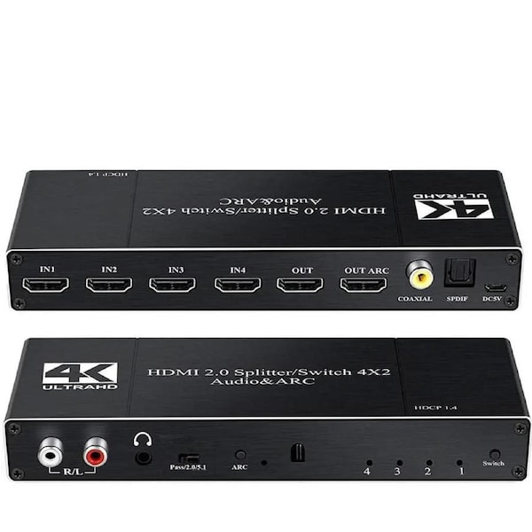 4K HDMI Switch Audio Extractor with Optical SPDIF + 3.5mm AUX+ Coaxial + SPDIF Output,4K@60Hz 4 in 2 Out HDMI Switcher Converter Support ARC, HDCP 2.2, YUV4:2:0,EDID,HDR