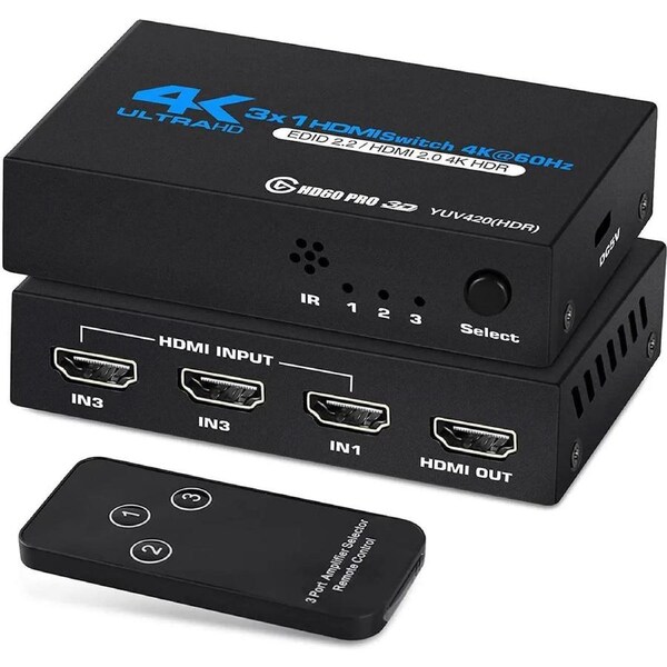 ESTONE HDMI Switch 3 Ports (3 x 1) 4K 60Hz, HDMI Splitter 3 in 1 Out HDMI Switcher Selector with IR Remote Control Support 3D HDCP2.2 for PS4/Xbox One/Fire TV/Apple TV, OZQ2-1