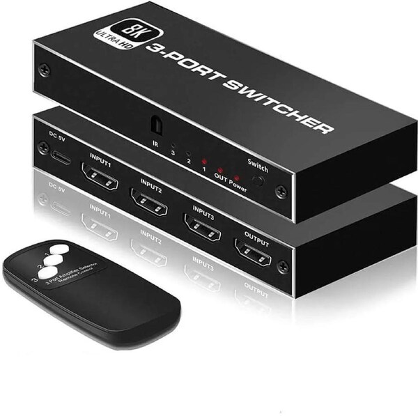 HDMI 2.1 Switch 8K 3 in 1 Out HDMI Switcher 3 Port Support 8K 60Hz 4K 120Hz HDCP 2.3 Ultra HD 3D for Xbox PS4 PS5 Roku UHD TV Monitor Projector with Wire-Desktop Controller