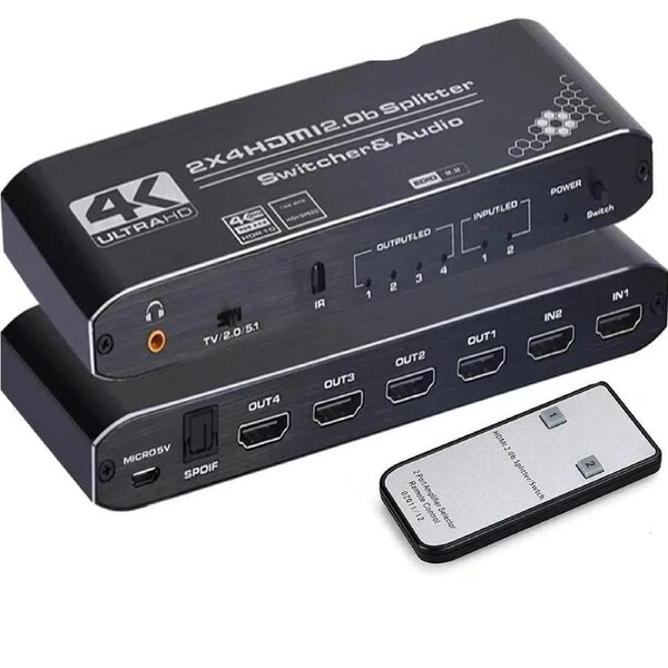 4K 60Hz 2 x 4 HDMI Switch Splitter Audio Extractor with IR Remote Control HDMI 2.0b Switcher Support 18Gbps 4K x 2K 3D HDCP 2.2 HDMI Splitter Hub Port Switches for PS4 Xbox Apple TV Fire