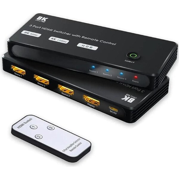 ESTONE HDMI Ultra HD 8K High Speed 48Gbps Directional Switch 3in 1out 8K@60Hz 4K@120Hz Splitter Converter with IR Remote(8K)
