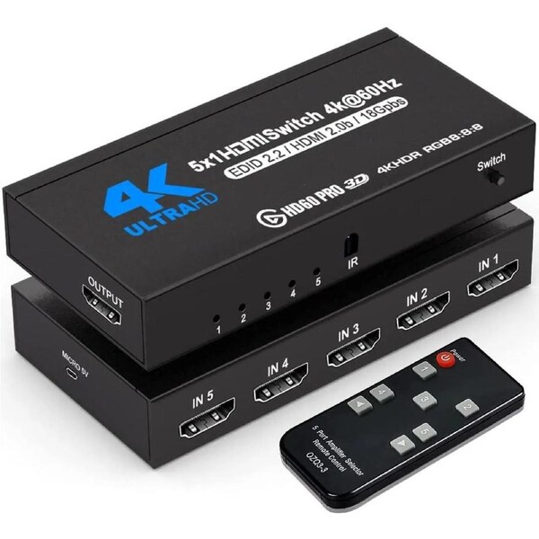 [2023 Upgraded]HDMI Switch 4K@60Hz,5 in 1 Out HDMI Hub Switch with Remote,Aluminum Hdmi 2.0 Switch 5 Port,Support 3D HDR,Compatible with Xbox PS5/4 Blu-Ray Player Fire Stick Roku TV, OZQ3-4