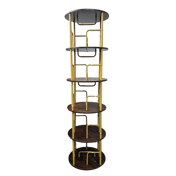 FORET 5-Tier Rotating Bookshelf 360o Display Rack Steel Wood Floor Shelf Gold