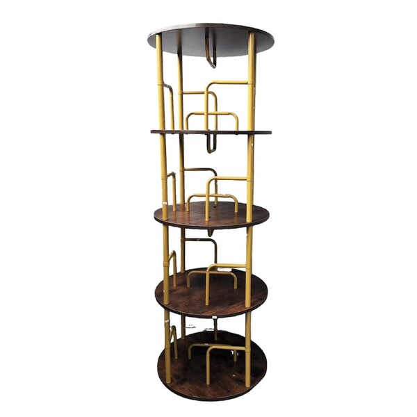 FORET 4-Tier Rotating Bookshelf 360o Display Rack Steel Wood Floor Shelf Gold