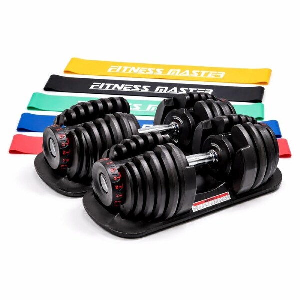 Fitness Master 80kg Adjustable Dumbbell Set 2x40kg Dial w/ Free Band Home Gym