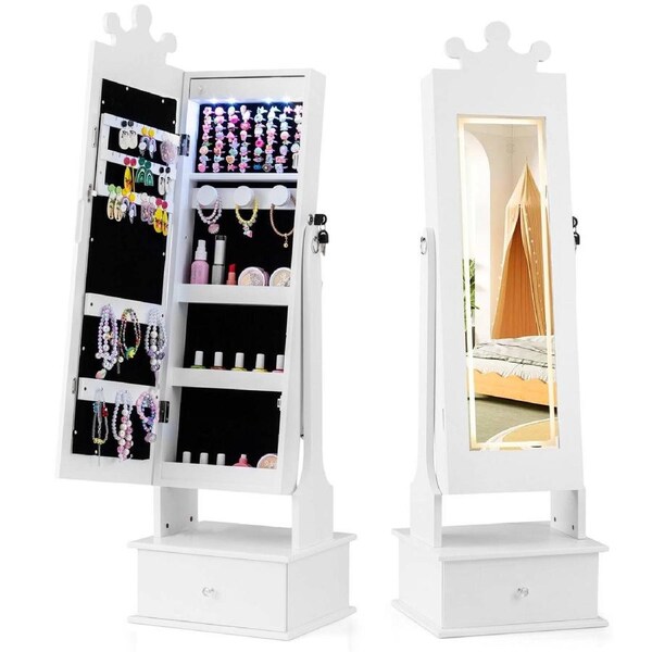 Giantex Kids Mirror Jewelry Storage Organizer Armoire Standing Box Jewellery Cabinet White