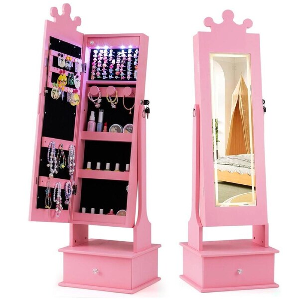 Giantex Kids Mirror Jewelry Storage Organizer Armoire Standing Box Jewellery Cabinet Pink