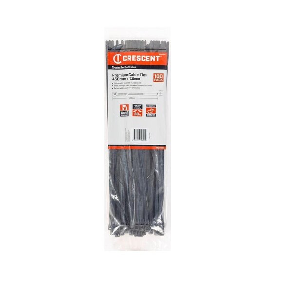 Crescent Black Cable Ties 450 x 7.6mm Nylon 100 Pack UV Resistant