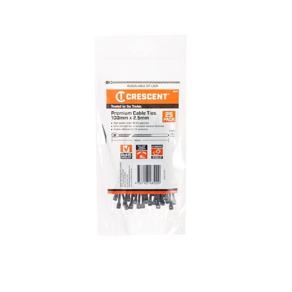 Crescent Black Cable Ties 100 x 2.5mm Nylon UV Resistant 25 Pack