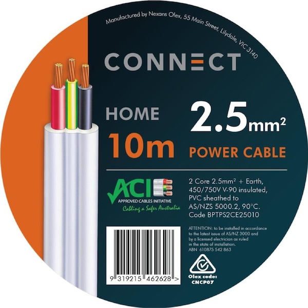 Olex 2.5mm x 10m Nexans Power Cable 2 Core and Earth White Indoor Use